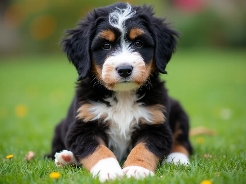 A fluffy goldendoodle with a perfectly groomed teddy-bear coat