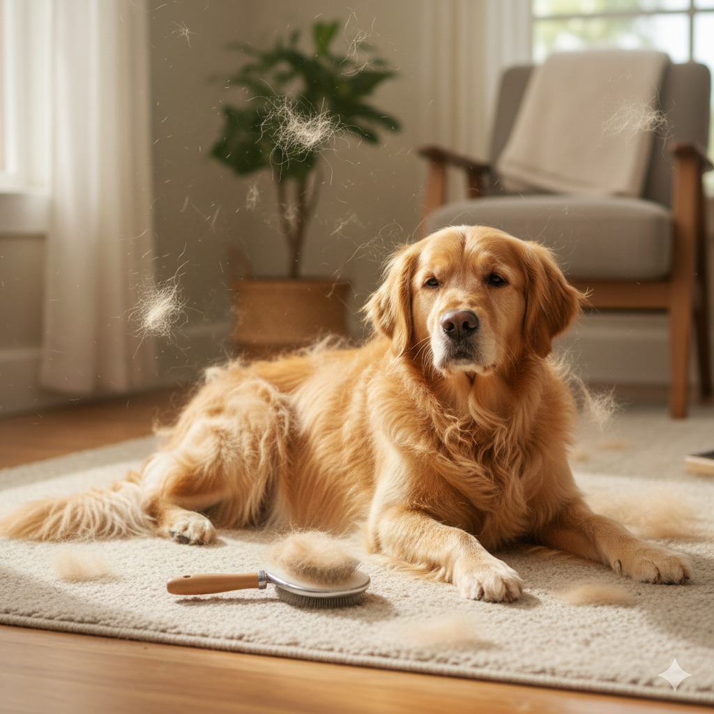 A long-coated dog being professionally deshedded with a grooming brush