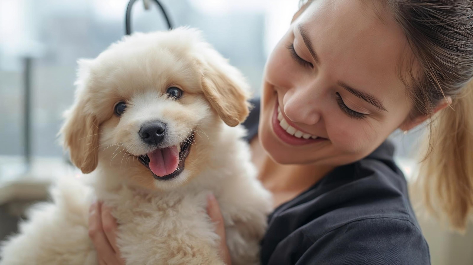 Smiling professional dog groomer bonding with a happy small dog inside a mobile grooming van